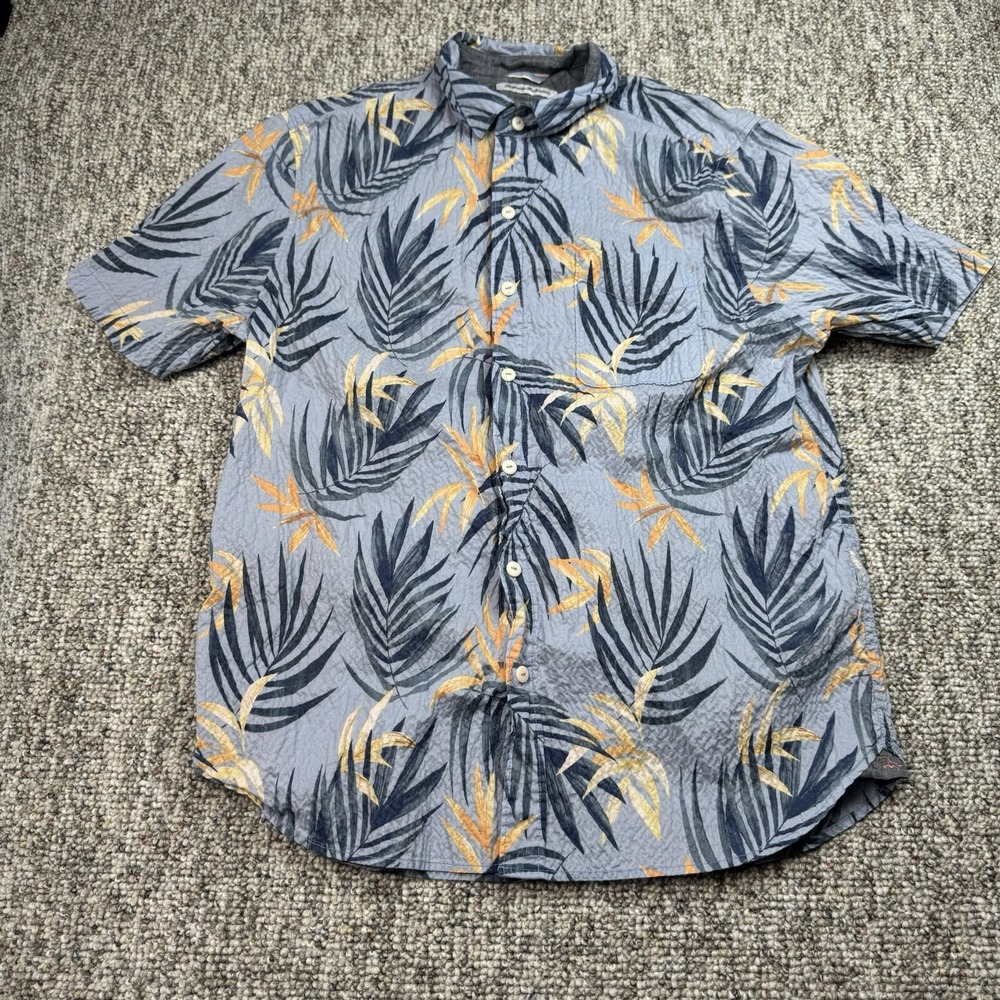 Tommy Bahama Shirt Mens Large Short Sleeve Button Up Hawaiian Palms Blue